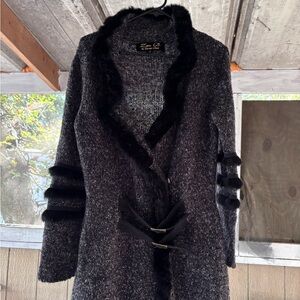 Elegant Black Cardigan with Faux Fur Trim